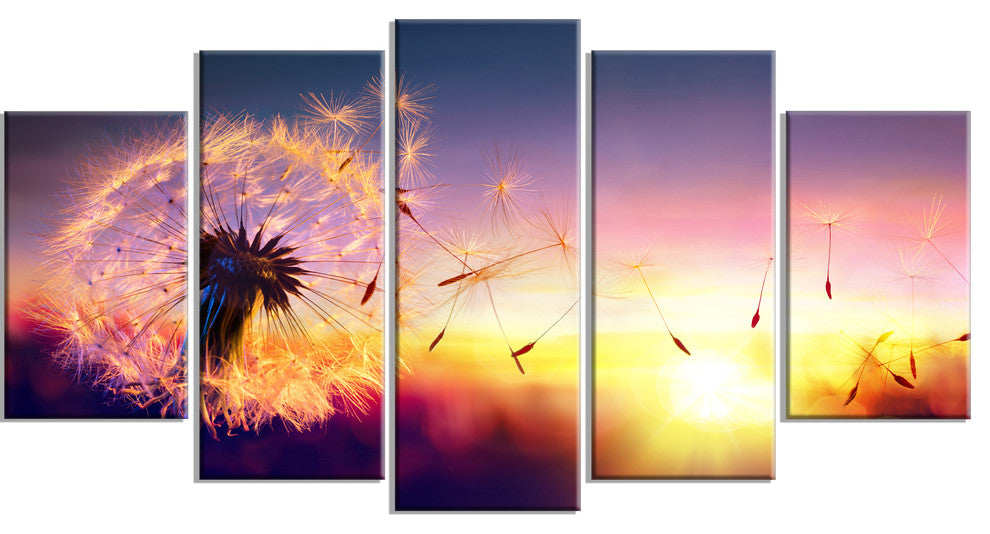 Dandelion at Sunset Freedom to Wish, Abstract Wall Art Canvas, 60"x32", 5 Panels