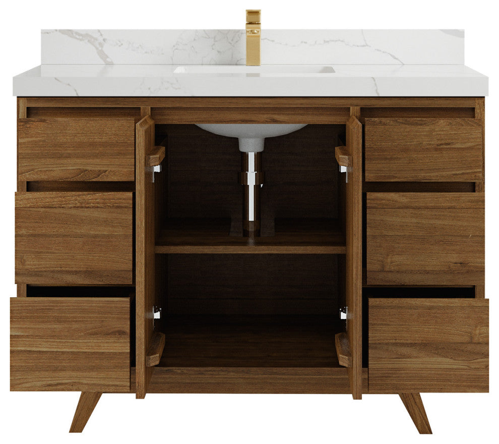 Madison Teak 48 Single Sink Bath Vanity in Dark Natural 2" Calacatta Laza