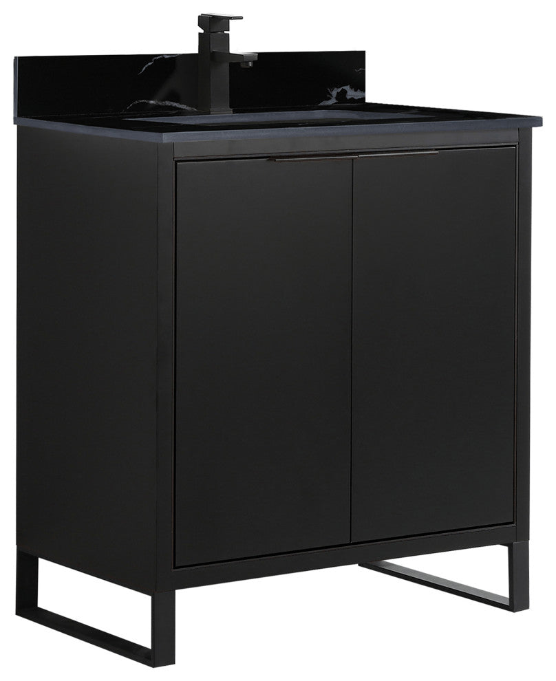 Opulence Bath Vanity, Black Matte, 30", Black Hardware, Black Marble Top
