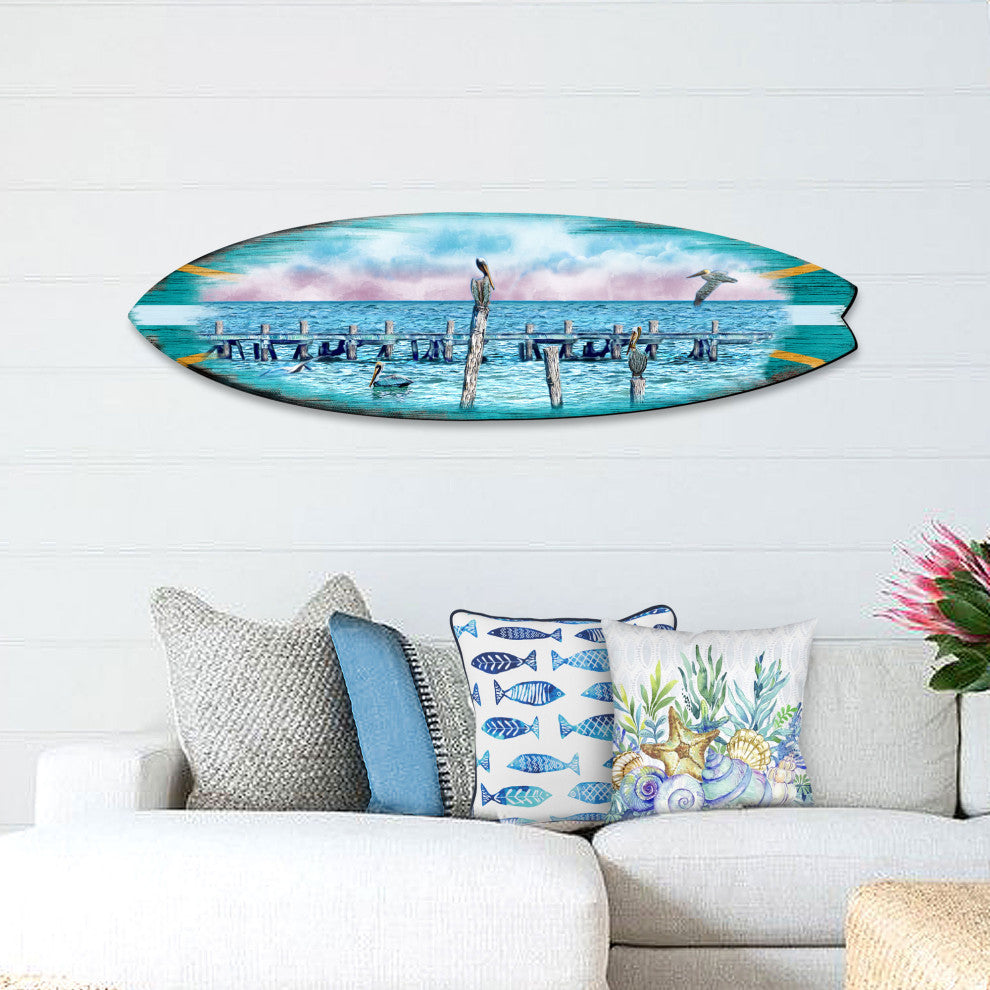 Seabirds Pelicans Surfboard Coastal Door Art, Approximate Size: 24x7