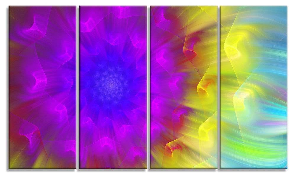 Purple Fractal Petals Dandelion, Floral Canvas Art Print, 48"x28", 4 Panels