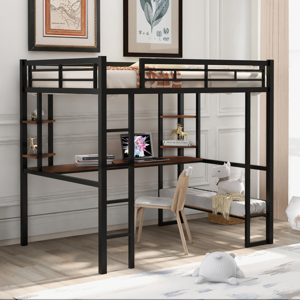 Gewnee Full Size Loft Metal&MDF Bed with Long Desk and Shelves in Black