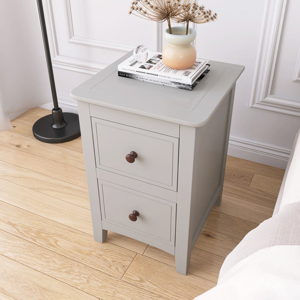 2 Drawers Solid Wood Nightstand End Table, Grey