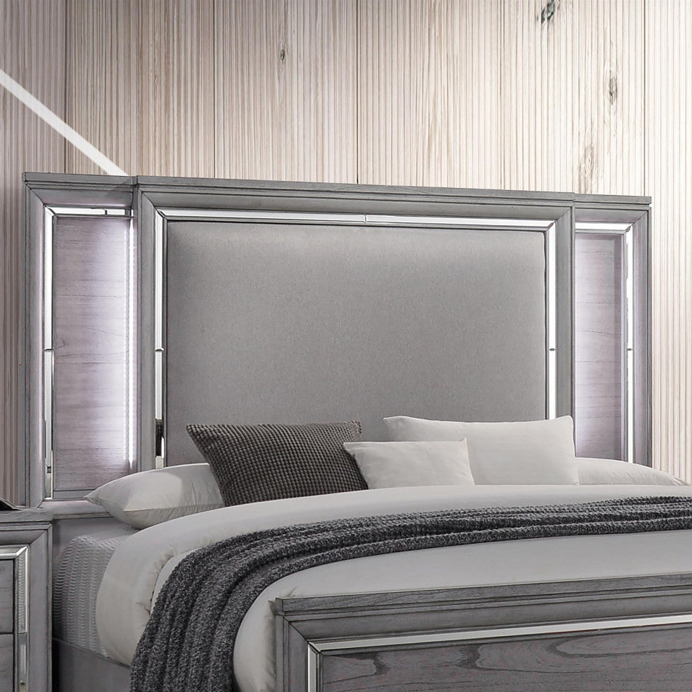 Furniture of America Hariston Wood Queen Bed with LED Lights in Light Gray