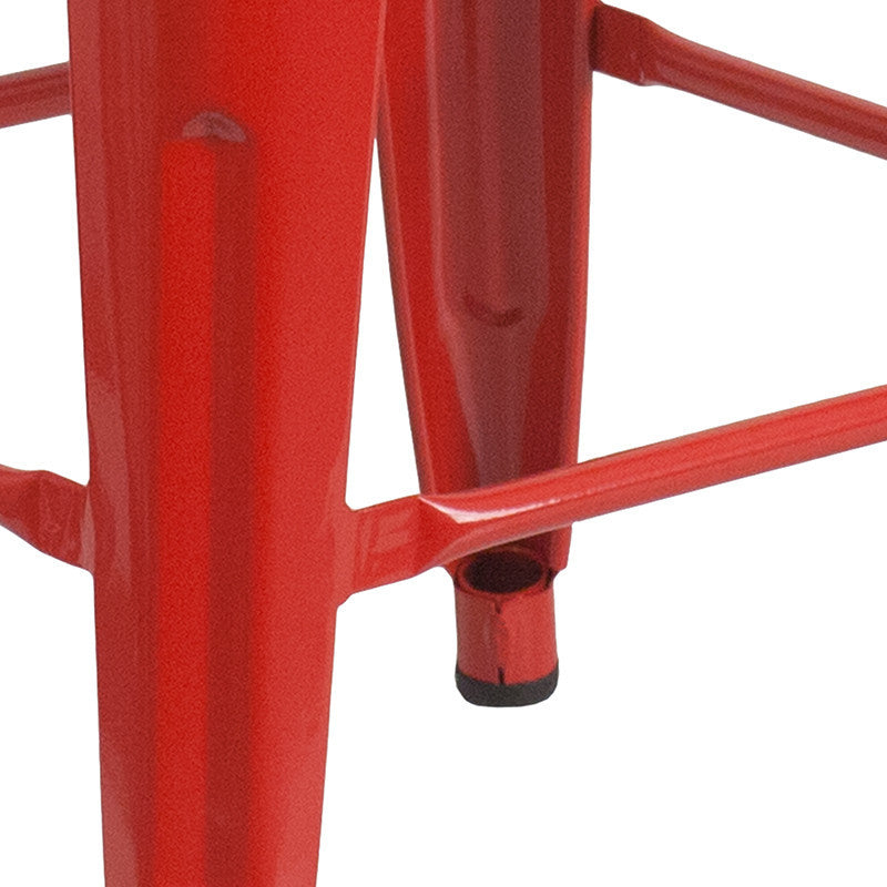 24" High Backless Red Metal Counter Height Stool With Square Wood Seat