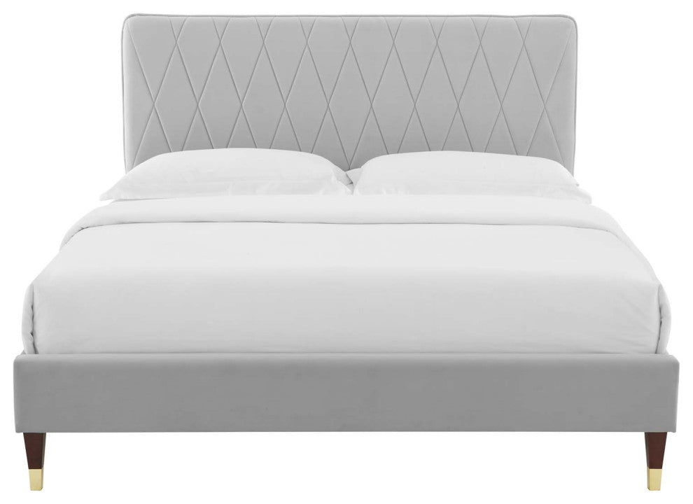 Platform Bed Frame, Queen Size, Velvet, Light Gray, Modern Contemporary
