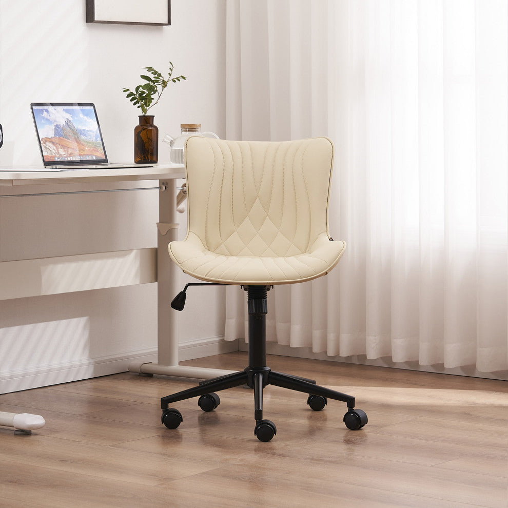 Younike Armless Upholstered Faux Leather Rolling Office Chair, Beige