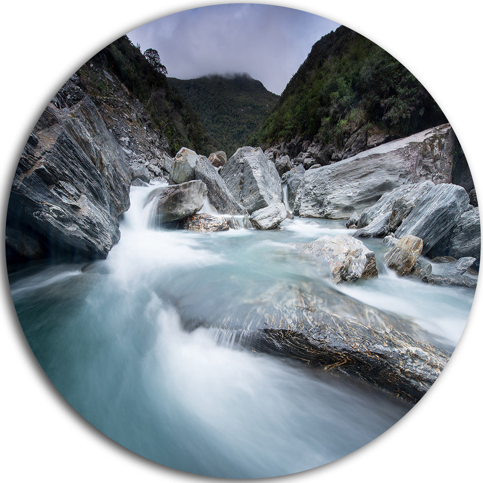 Slow Motion Mountain River In Blue, Seashore Round Wall Art, 23"