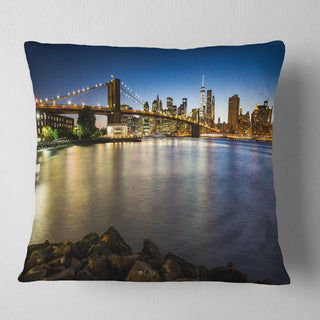 Distant View of Brooklyn Bridge Cityscape Throw Pillow, 16"x16"