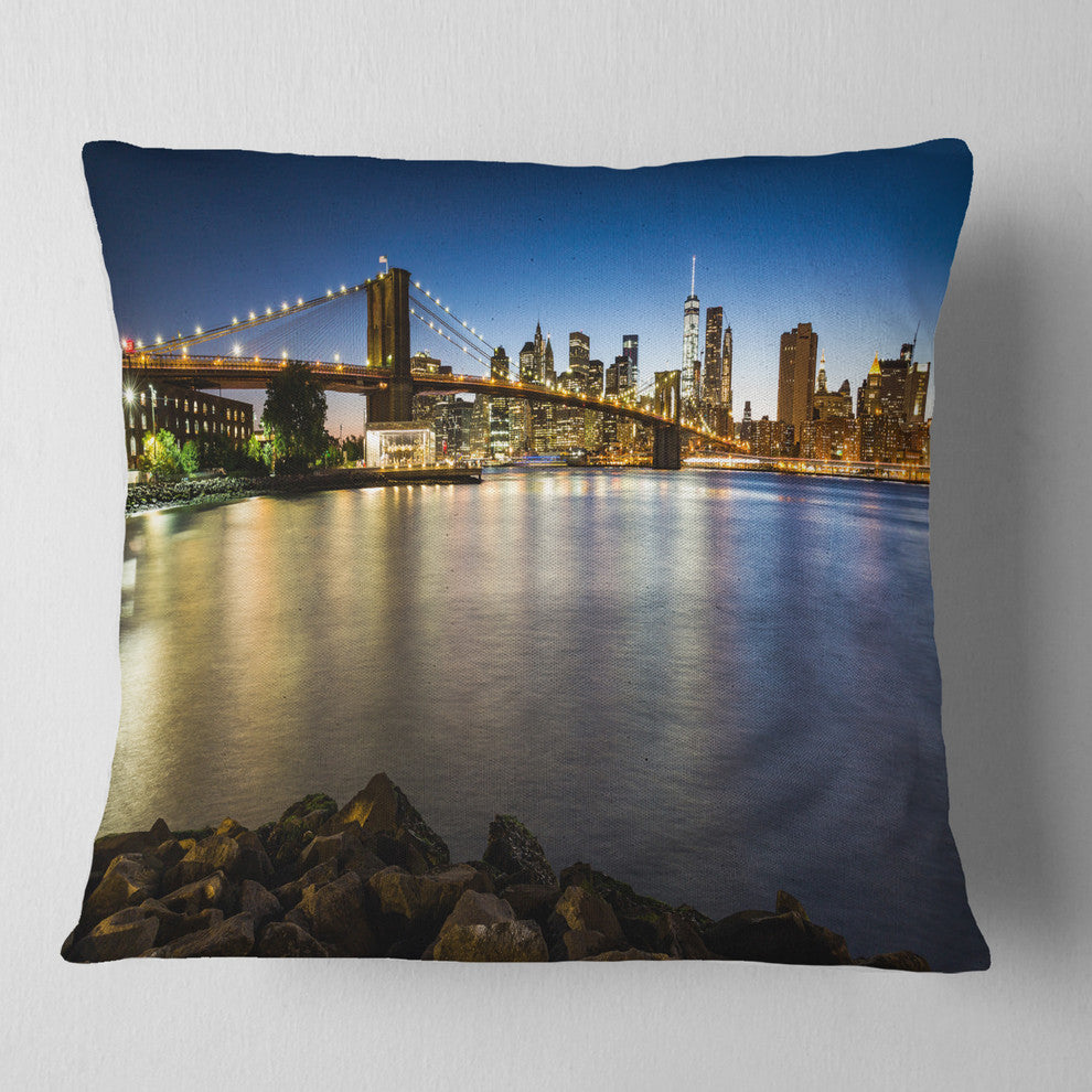 Distant View of Brooklyn Bridge Cityscape Throw Pillow, 16"x16"