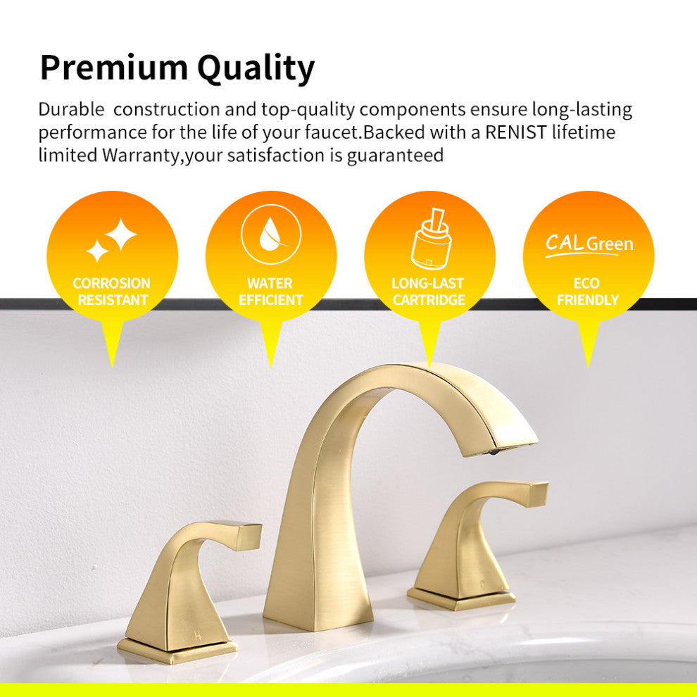 8" Brass Widespread Bathroom Sink Faucet, Brushed Gold