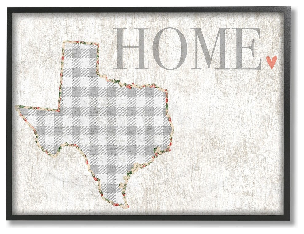 Texas Gray Gingham & Floral Heart & Home Framed Giclee Art, 16"x20"