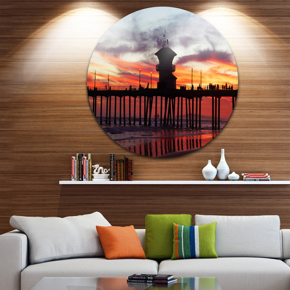 Pier California At Sunset With Clouds, Seascape Disc Metal Artwork, 23"