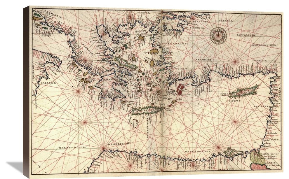 Portolan Or Navigational Map, Greece, The Mediterranean and The Levant, 36"x24"