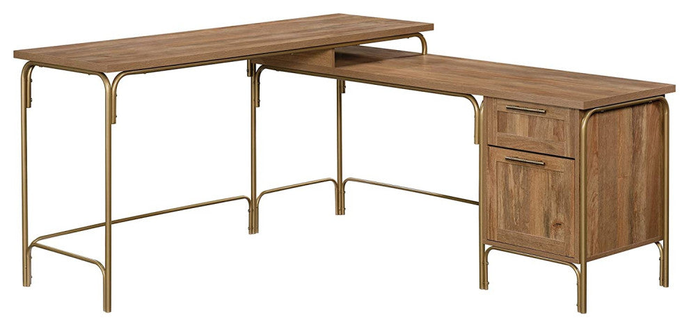 Unique L-Shaped Desk, Golden Metal Frame With Sindoori Mango Top and Drawers