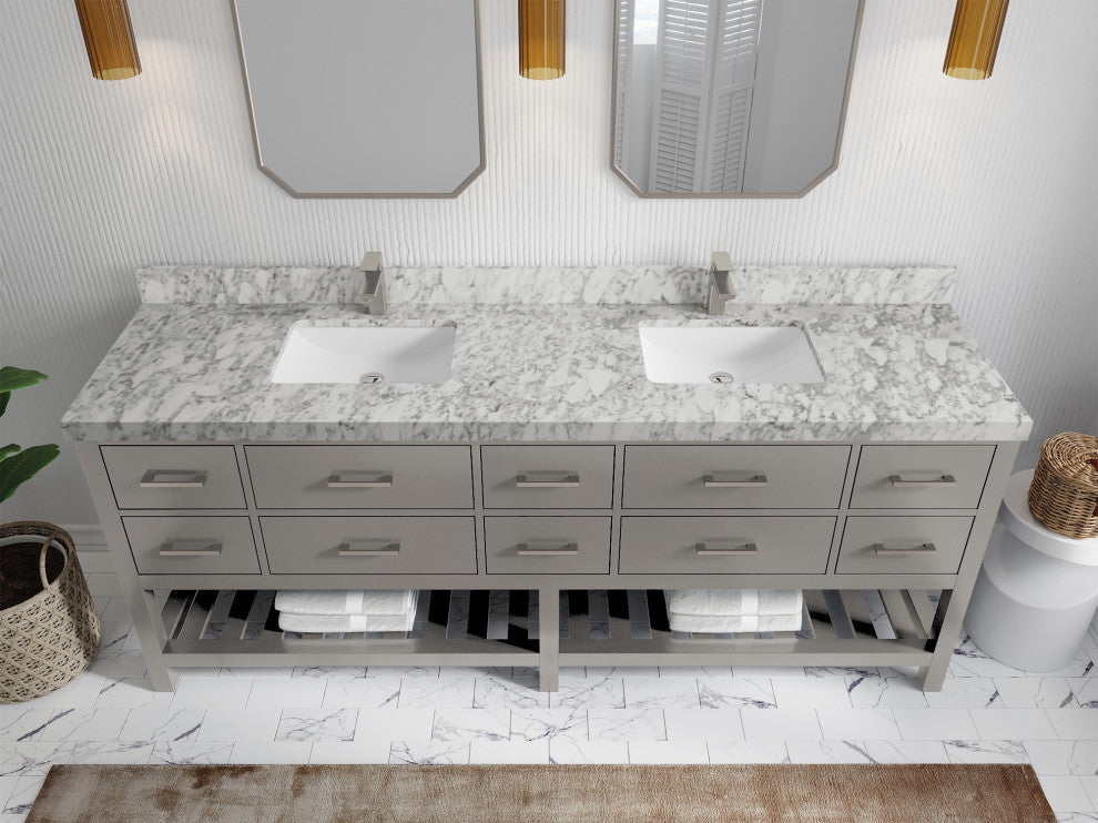 Parker 84 Double Sink Bathroom Vanity Elephant Skin Gray 2" Carrara Marble