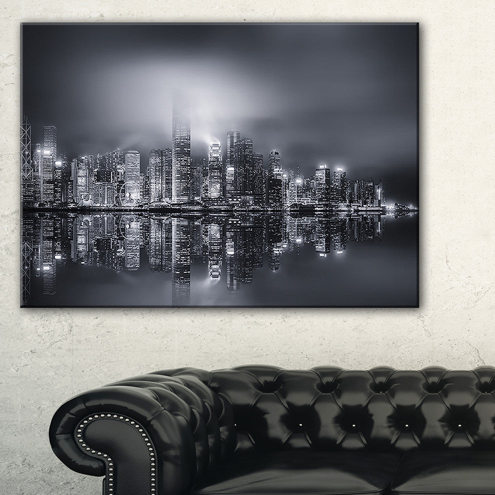 "Hong Kong Black And White Panorama" Cityscape Artwork Canvas, 40"x20"