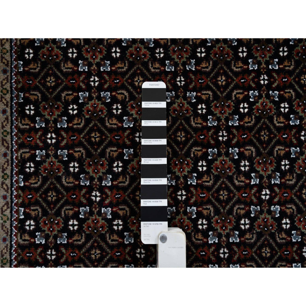 Black Hand Knotted Wool and Silk Herati 175 KPSI Oriental Rug, 3'0"x5'2"