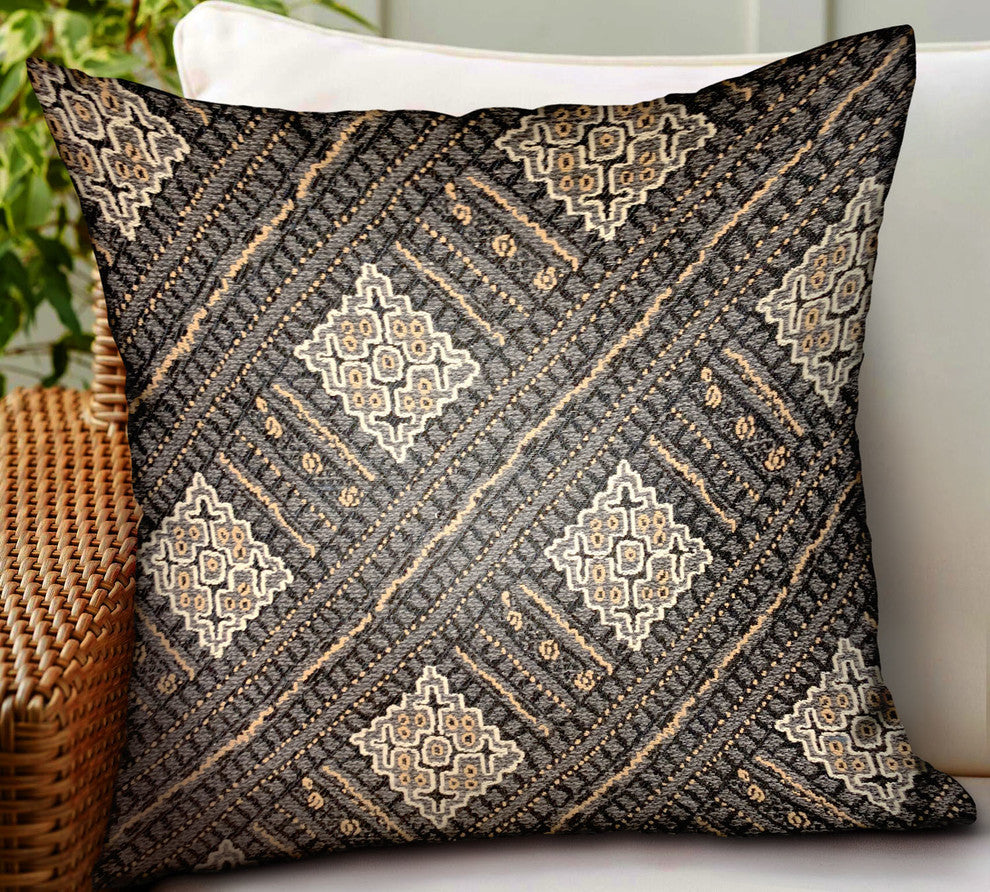 Plutus Pewter Lattice Charcoal Geometric Outdoor/Indoor Pillow, 18"x18"