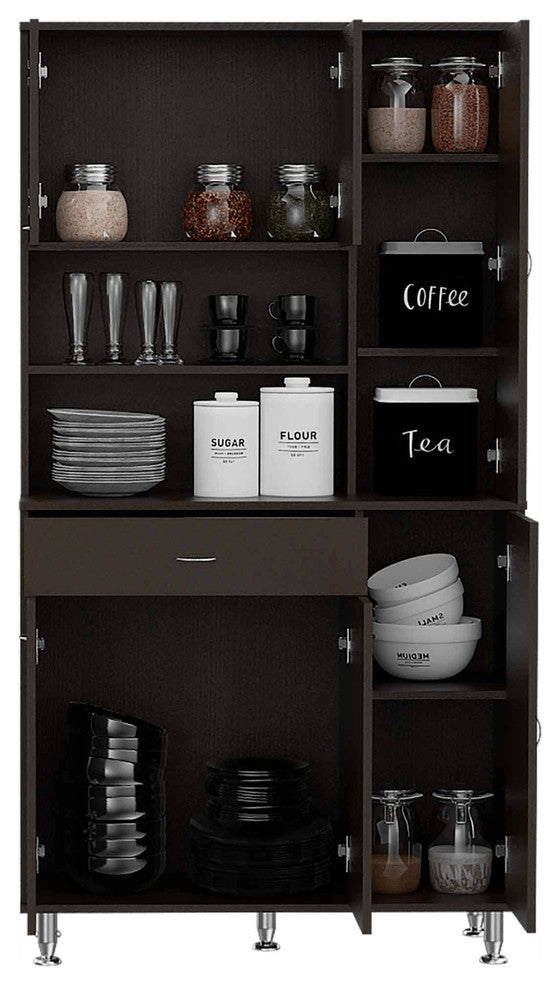 Modern Black Pantry Cabinet with Multiple Storage Shelves