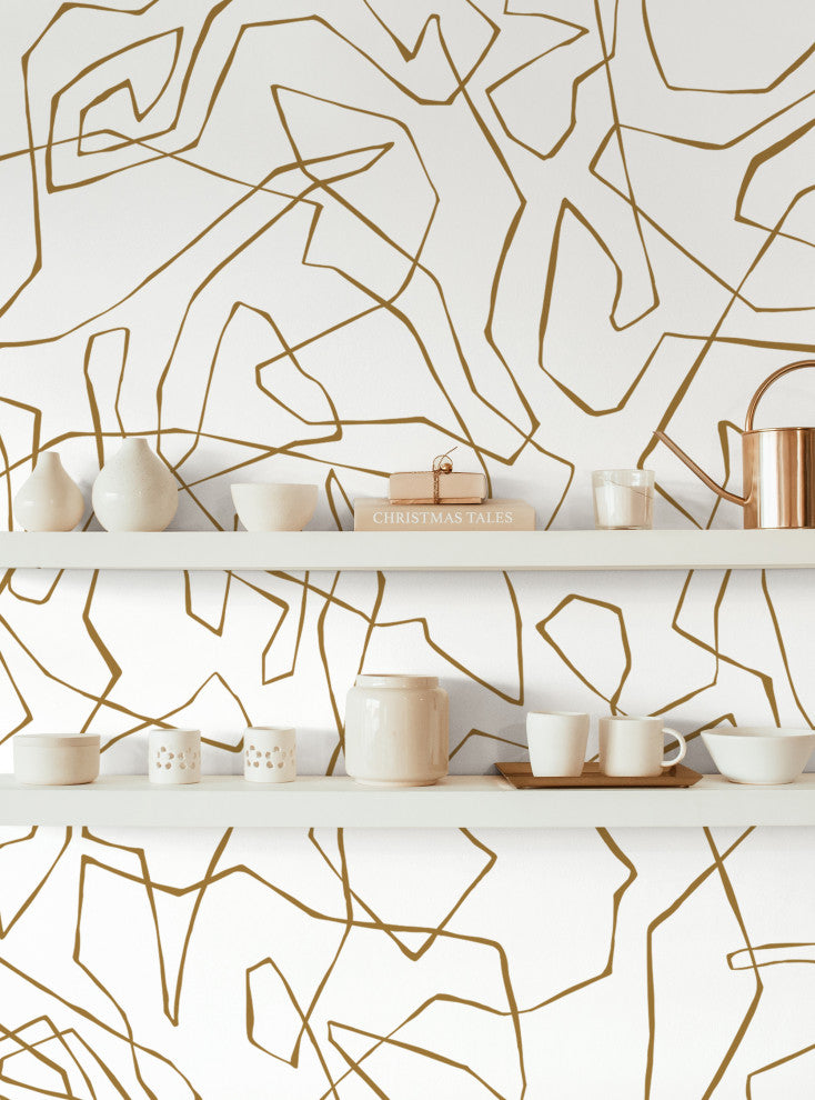 Entangled Lines Abstract Vinyl Peel and Stick Mural, Gold, 24"x96", Single