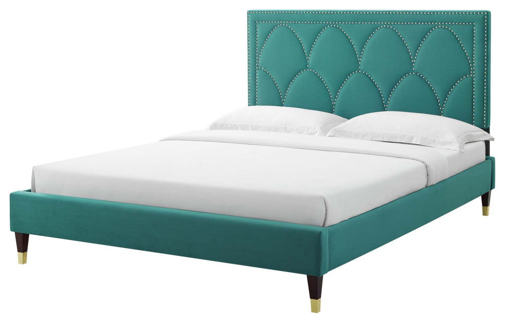 Platform Bed Frame, Nailhead, Queen Size, Teal Blue, Velvet, Modern