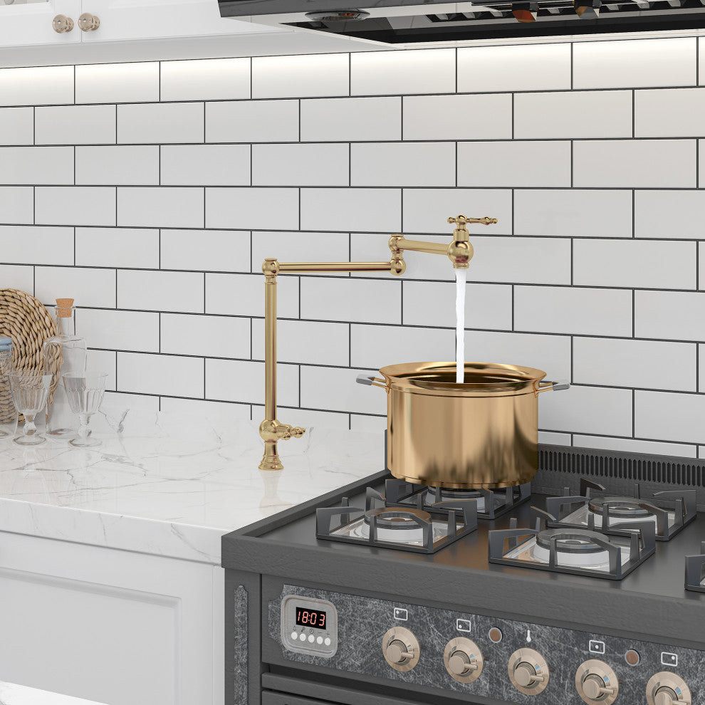 Deck-Mounted Double Handle Pot Filler Kitchen Faucet Stove Faucet, Brushed Gold