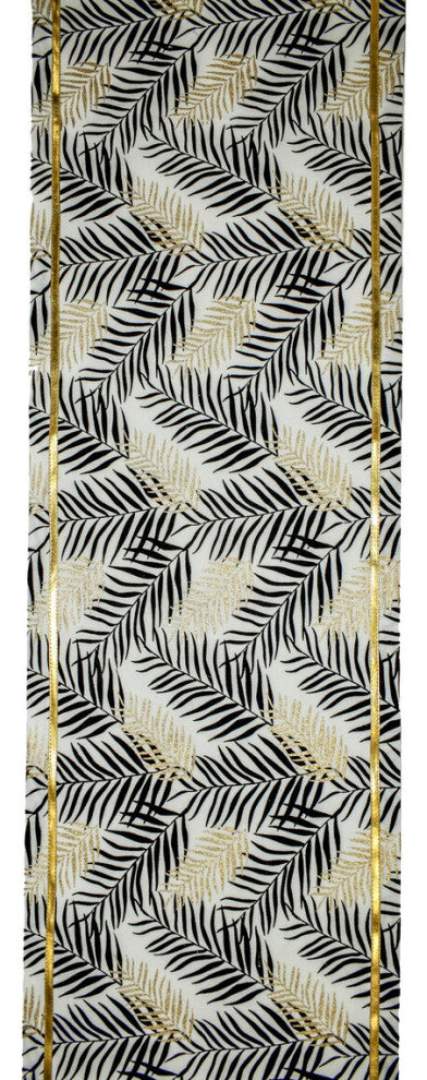 Decorative Table Runner Black Cotton 14"x48", Leaf, Gold Glitter, Tassels- Panra