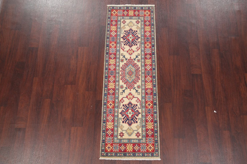 Traditional Kazak Oriental Hand-Knotted Pakistani Runner Rug, Beige, 6'5"X2'1"