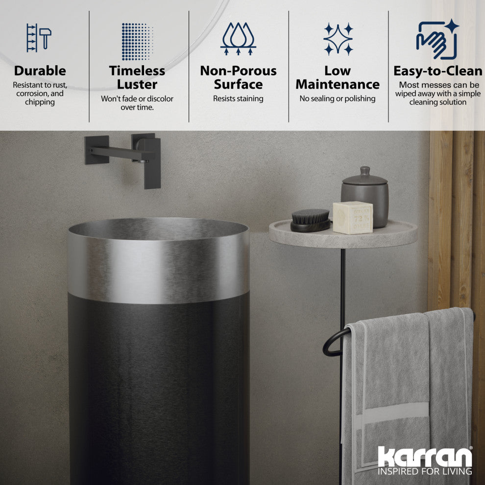 Karran Cinox Stainless Steel Round Pedestal Sink, Stainless Steel and Gunmetal Grey
