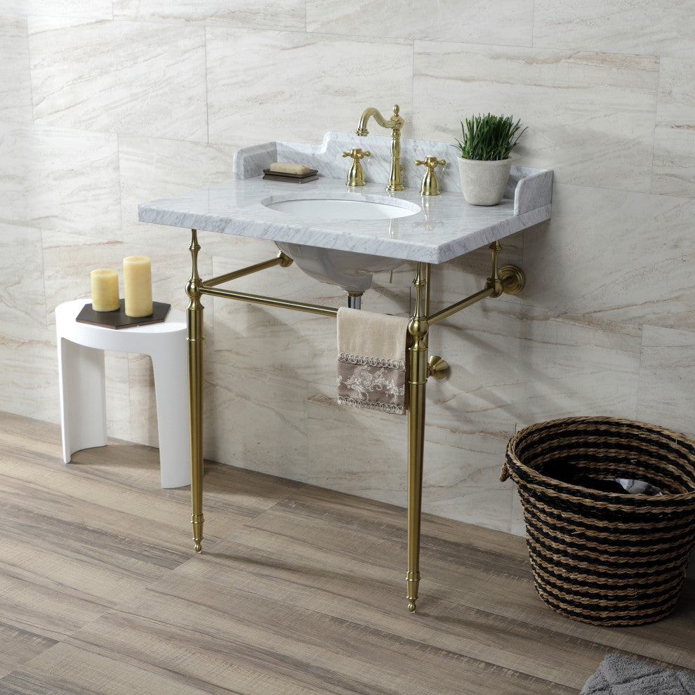 LMS3022M87 30" Carrara Marble Console Sink with Brass Legs