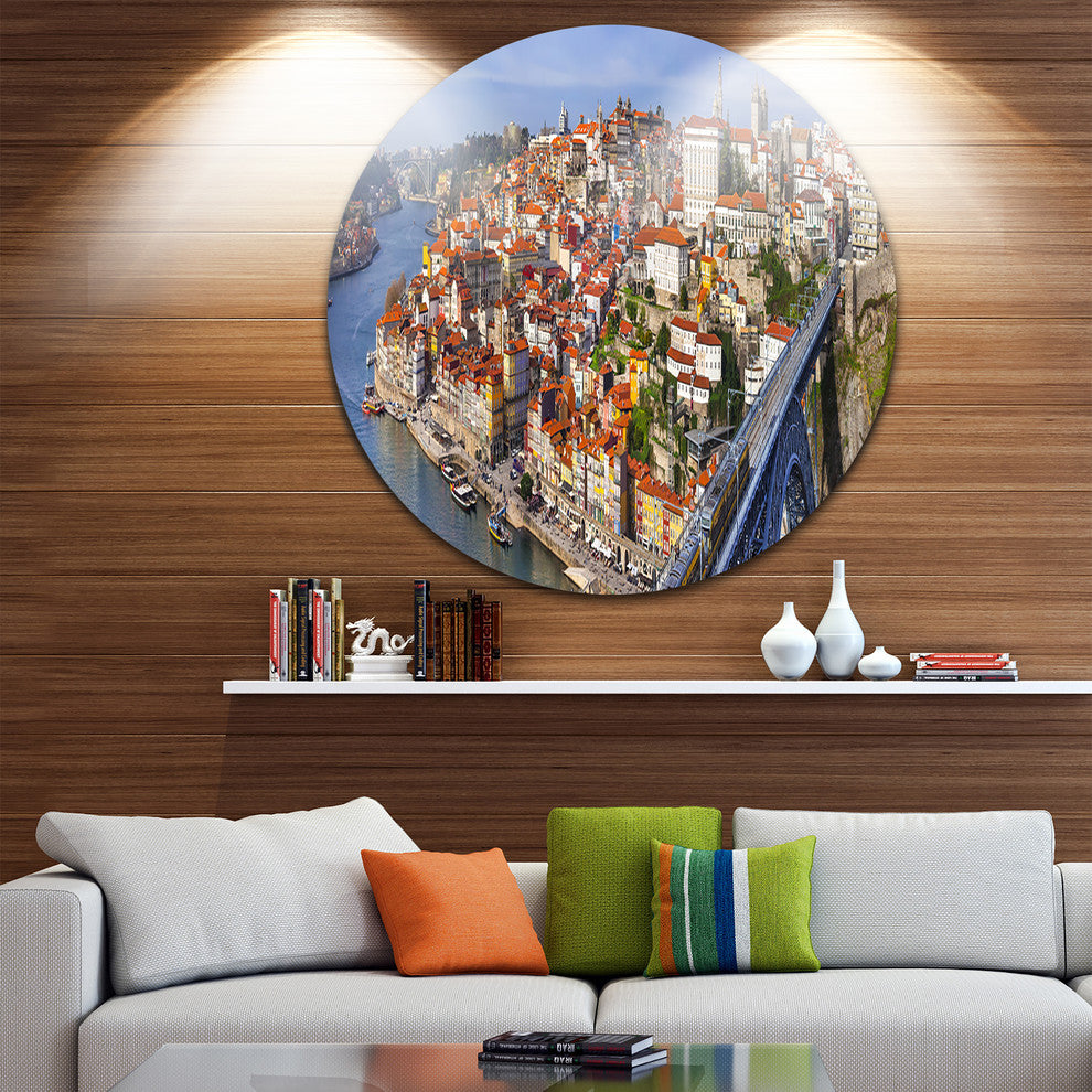 Porto City Panoramic View, Cityscape Photo Round Metal Wall Art, 38"