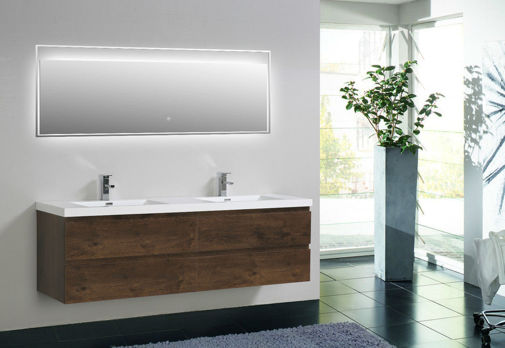 MOB 72" Double Sink Wall Mounted Vanity With Acrylic Sink, Rosewood