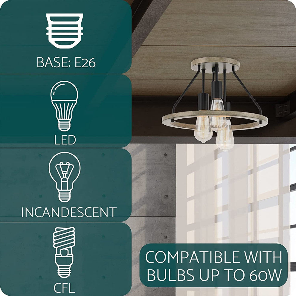 3 Light Farmhouse Flush Mount Light, Wood Ceiling Lamp