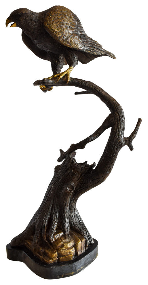 Observant Hawk on Arched Branch Bronze Statue 17" x 19" x 32"H