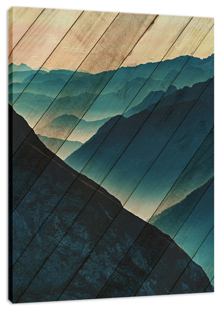 Faux Wood Misty Blue Silhouette Mountains Landscape Canvas Art Print, 18" X 24"