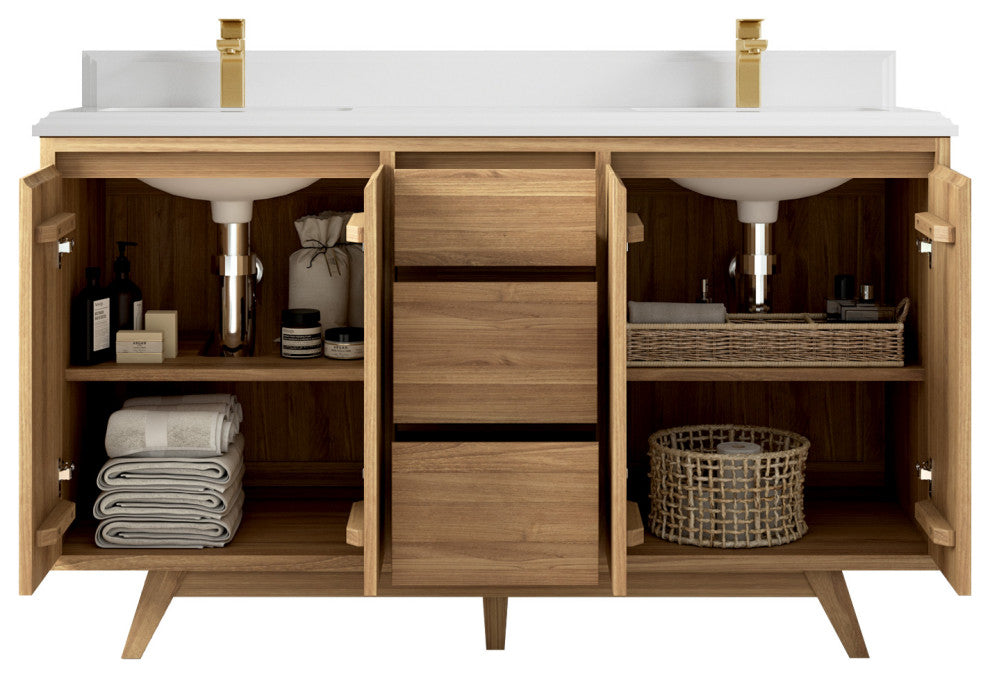 Madison Teak 60 Double Bathroom Vanity in Light Natural 1.5" White Quartz