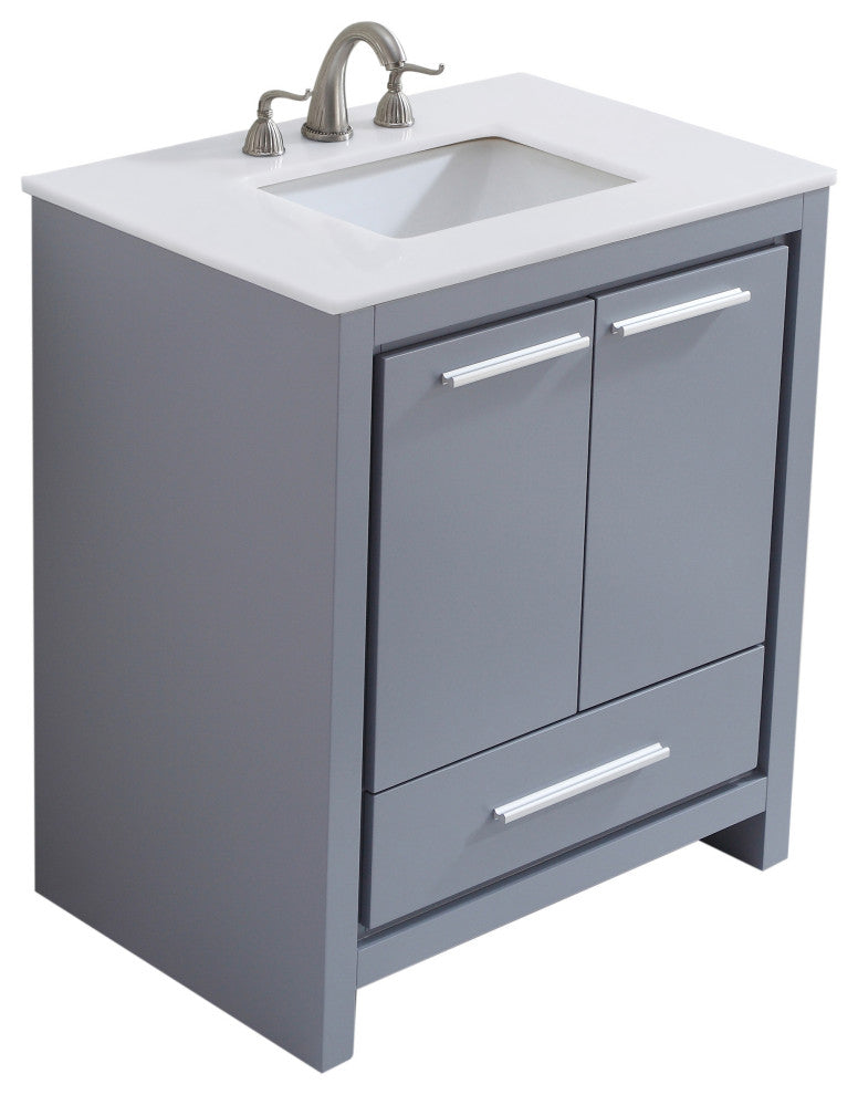 30" Single Bathroom Vanity, Grey With Ivory White Quartz