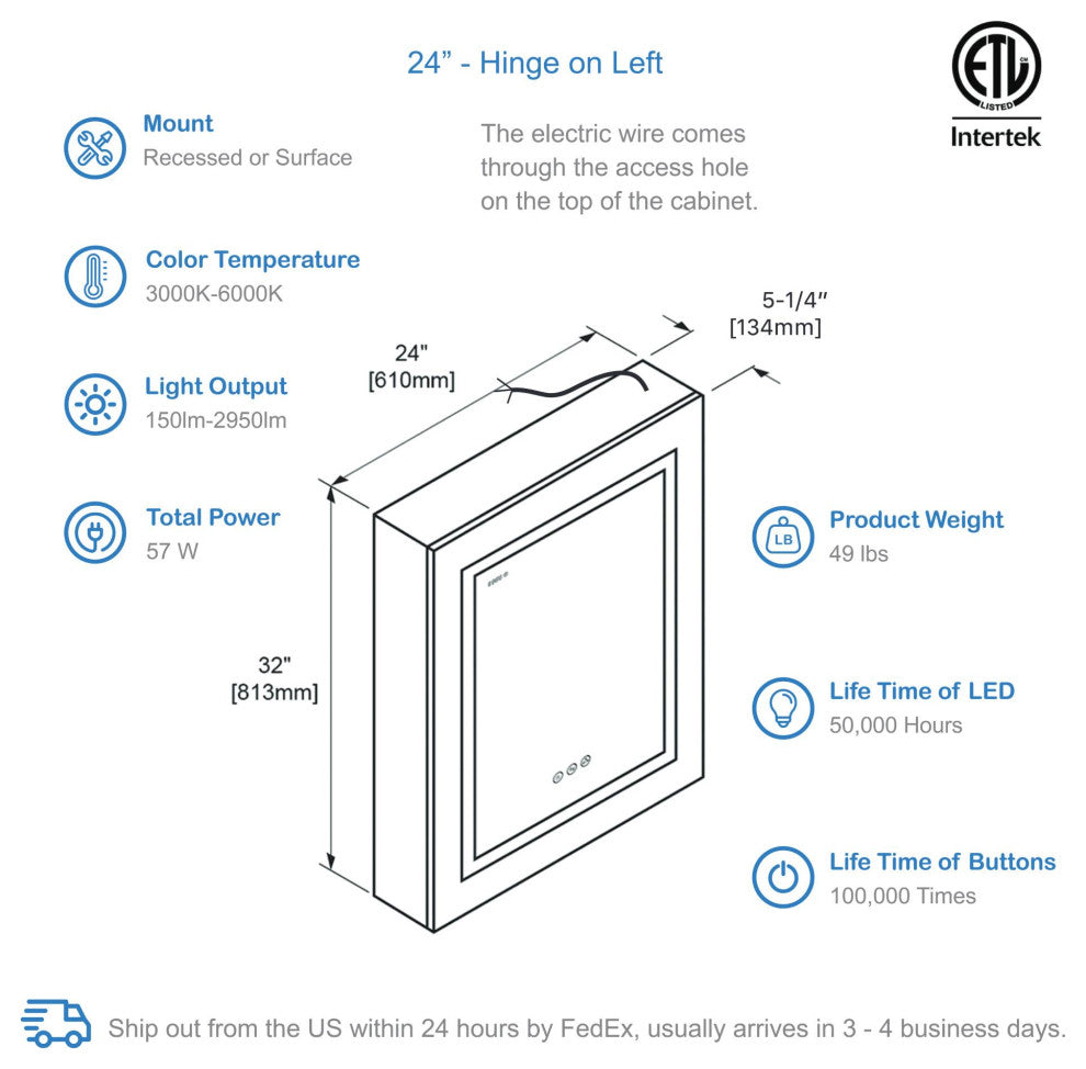 LED Medicine Cabinet With Defog, Dimmer, Makeup Mirror, Outlets, 24/L/3x