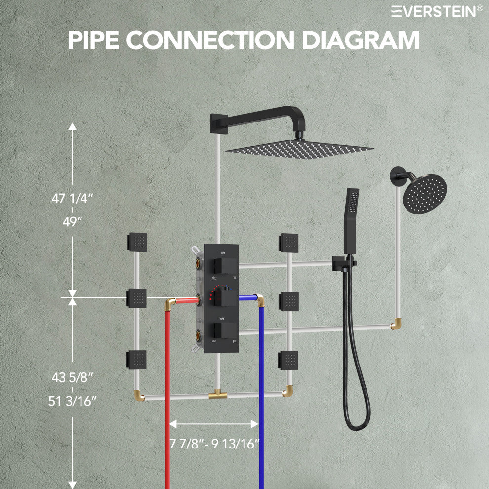 Dual Heads 12" Rain Shower System With 3 Way Thermostatic Faucet,Body Jets, Matte Black