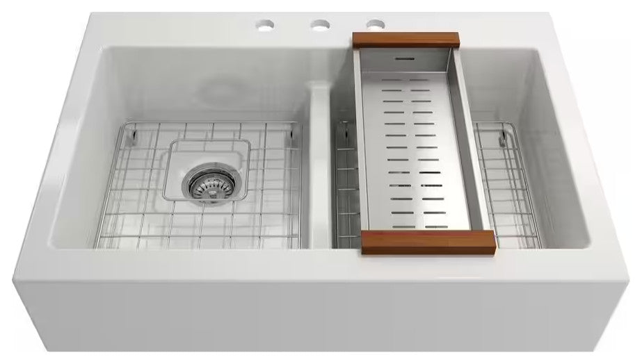 BOCCHI 1501-001-2020SS Apron Front Drop-In Fireclay 34" 2 Bowl Kitchen Sink Kit