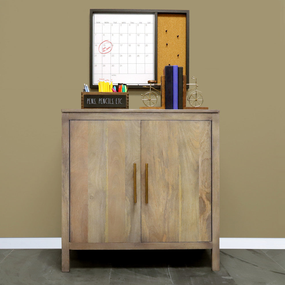 InPlace Ash Gray Real Mango Wood 2 Door Accent Cabinet, 32"x15"x34"