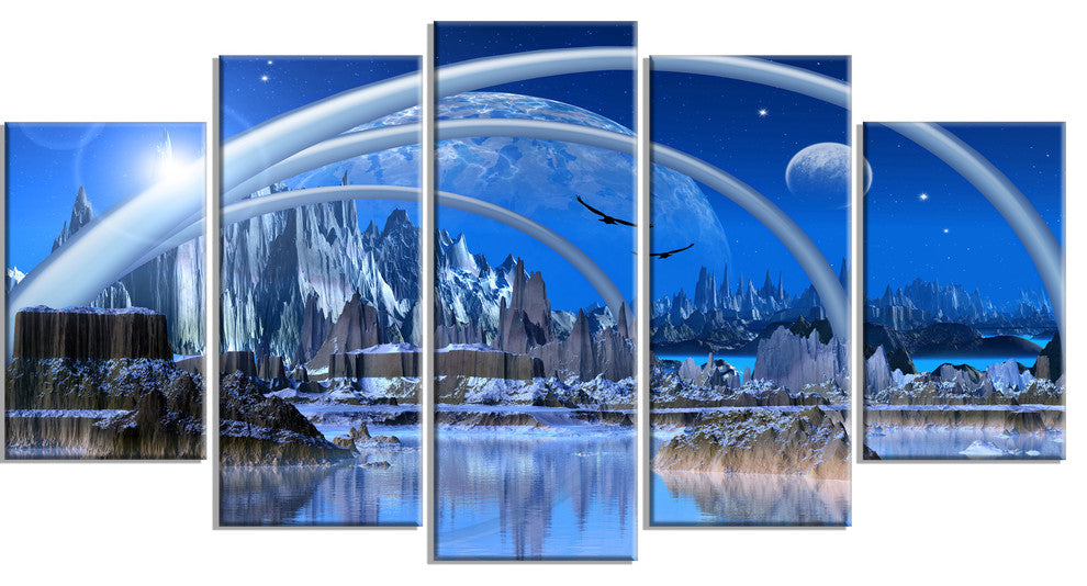 Blue Fantasy Landscape, Landscape Canvas Art Print, 60"x32", 5 Panels