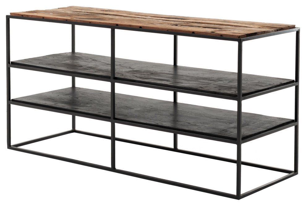 44" Modern Rustic Wood and Black Metal Open TV Stand