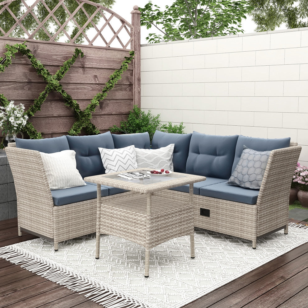 4 Pieces Outdoor Rattan Patio Sectional Sofa Set With Adjustable Backs