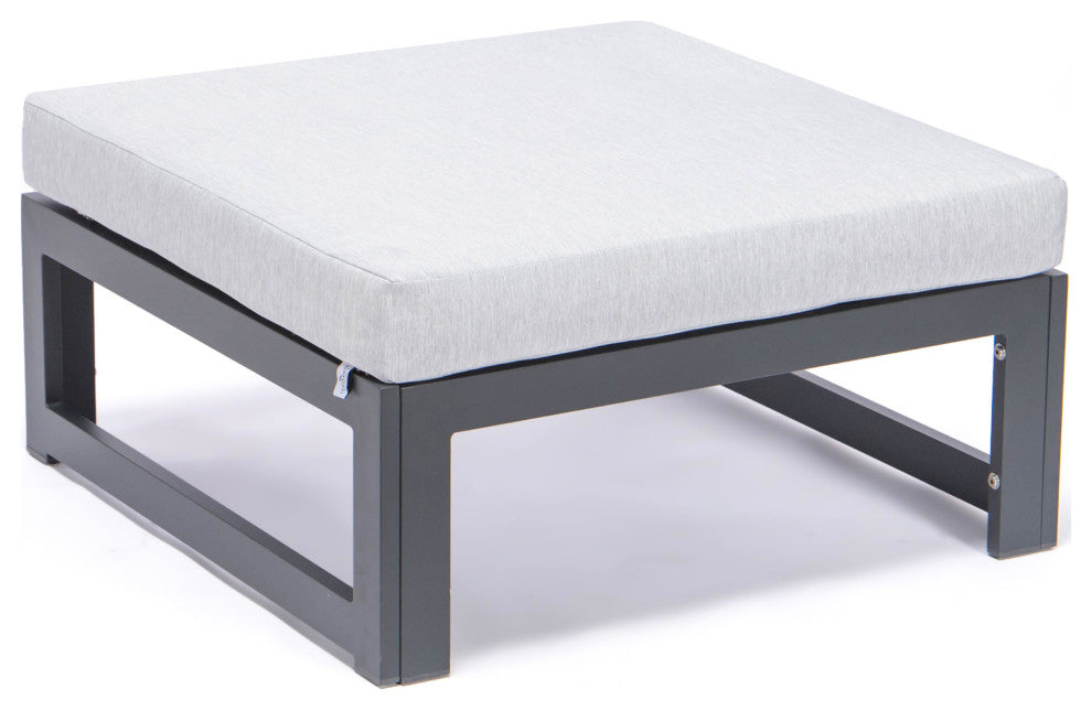 LeisureMod Chelsea Outdoor Black Ottomans With Cushions Set Of 2, Light Gray