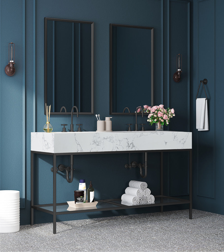 Marmo Bathroom Vanity, White, 60" Wide, Matte Black Finish