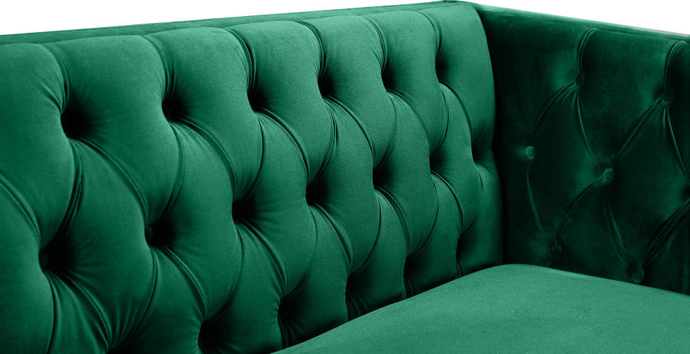 Michelle Fabric Upholstered Chair, Gold Iron Legs, Green, Velvet, Loveseat