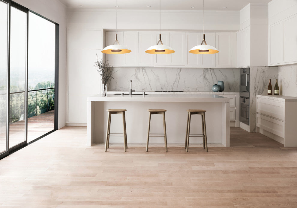 Volo LED Pendant, Blanc, White/Brushed Brass/Tan Leather/White Washed Oak, 2700K