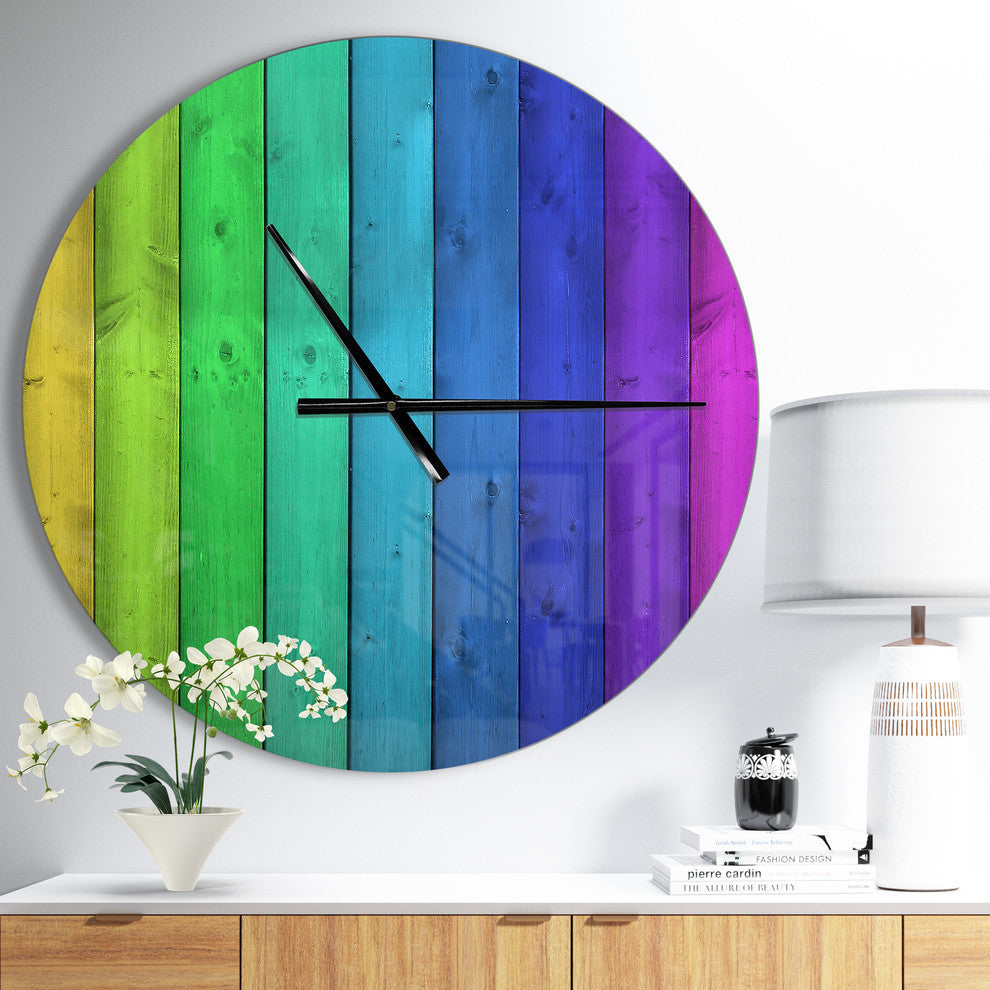 Rainbow Colors On Wooden Oversized Modern Metal Clock, 23"x23"